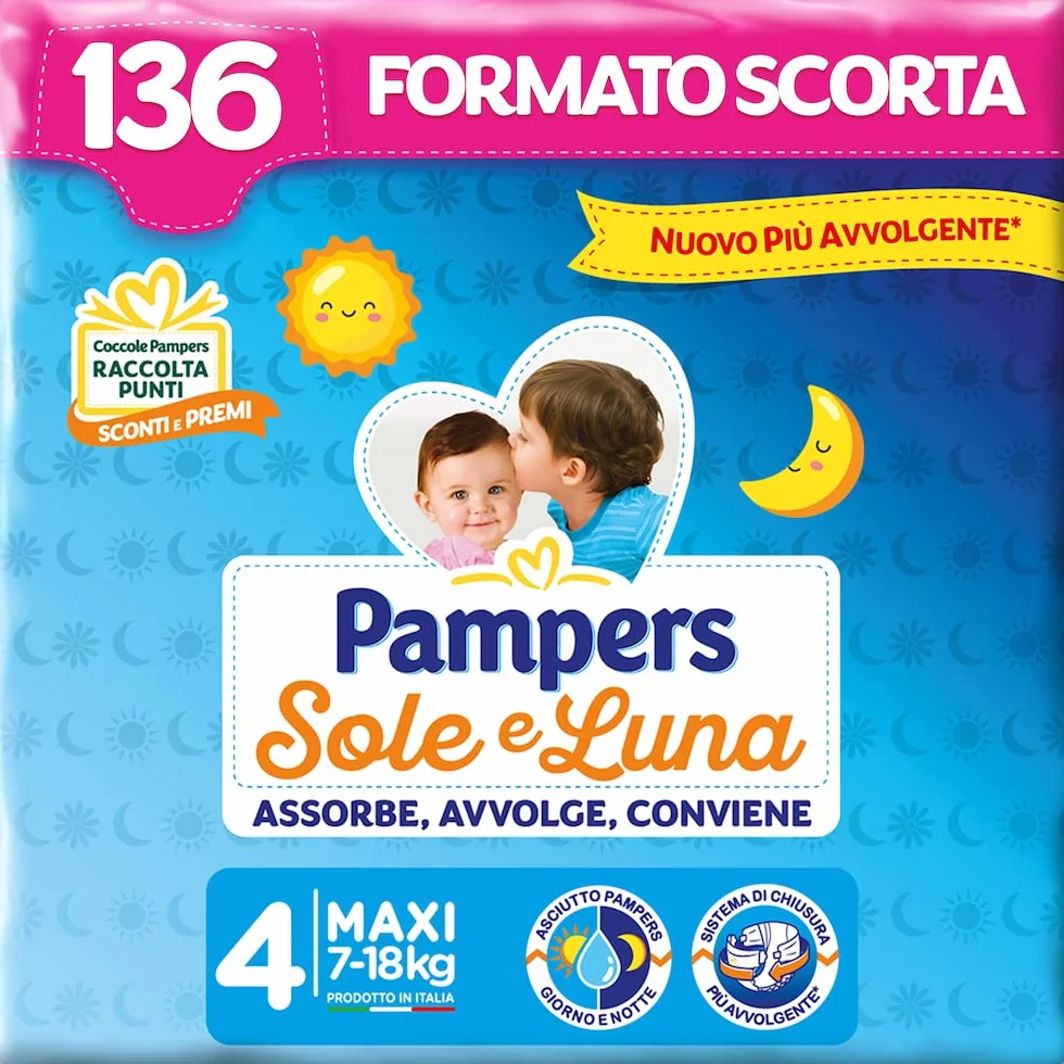 Pampers Sole e Luna Pannolini Maxi, Taglia 4 (7-18 kg), 136 Pannolini