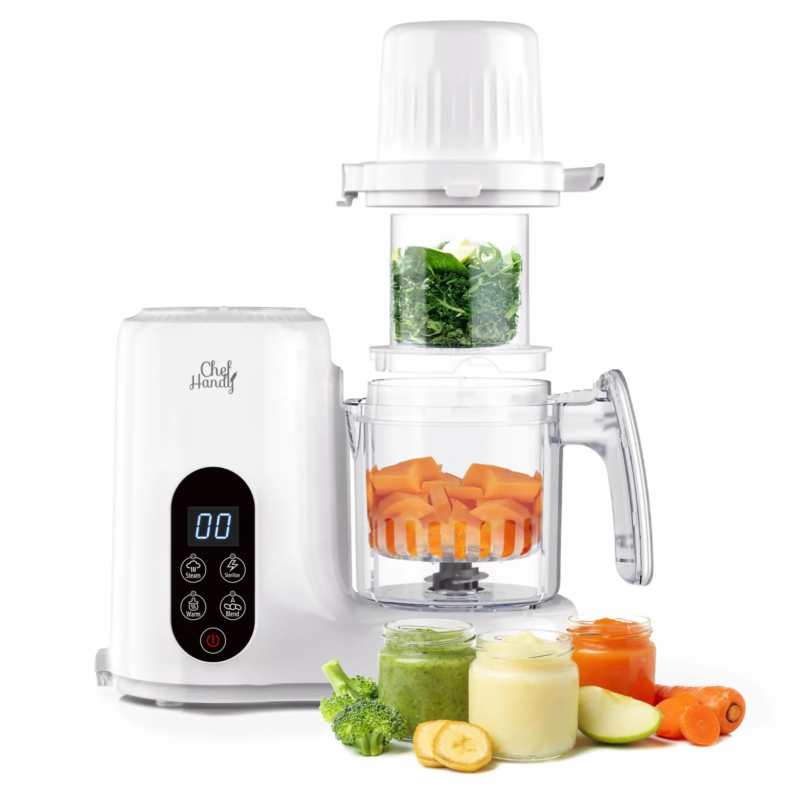 Chefhandy Preparatore 5 in 1 per Alimenti e Porridge per Bambini con Vaporizzatore, Cestello a Vapore, Miscelatore Automatico, Scaldabiberon, Schermo Touch Bianco
