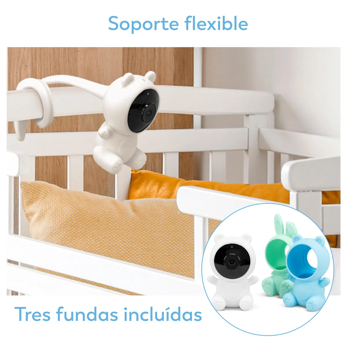 Garza Telecamera per la Sorveglianza del Bambino 1080p HD con Sensore di Temperatura, Visione Notturna, Rilevamento di Pianti, Ninnananne, Rumore Bianco e WiFi 2.4 GHz., 3 Coperture + Supporto