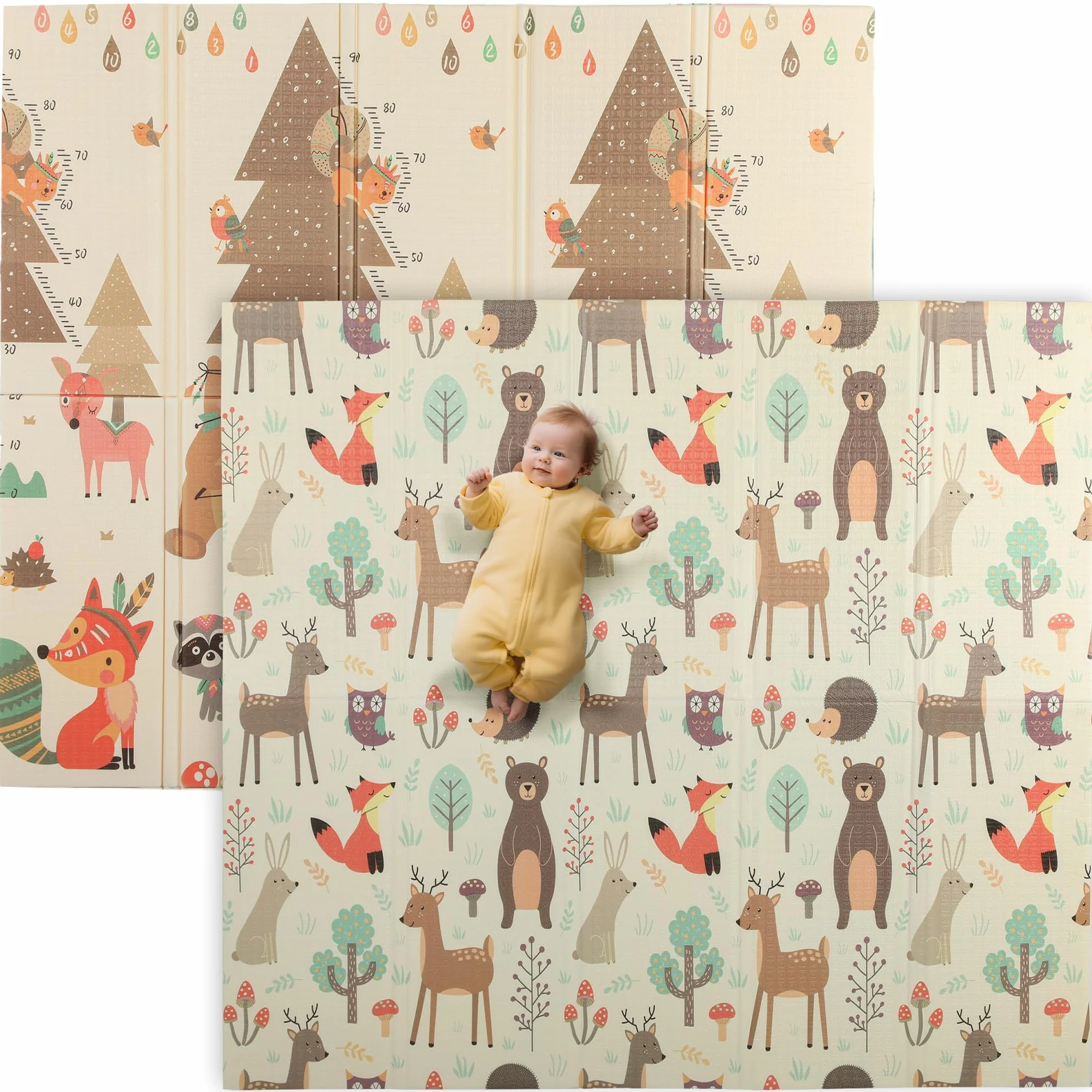 AIYAPLAY Tappeto Gioco per Bambini 0-6 Anni da 3.45㎡ a Tema Foresta con Superficie Impermeabile, Tappeto Morbido per Bambini in XPE, 196x176x1.5 cm, Multicolore