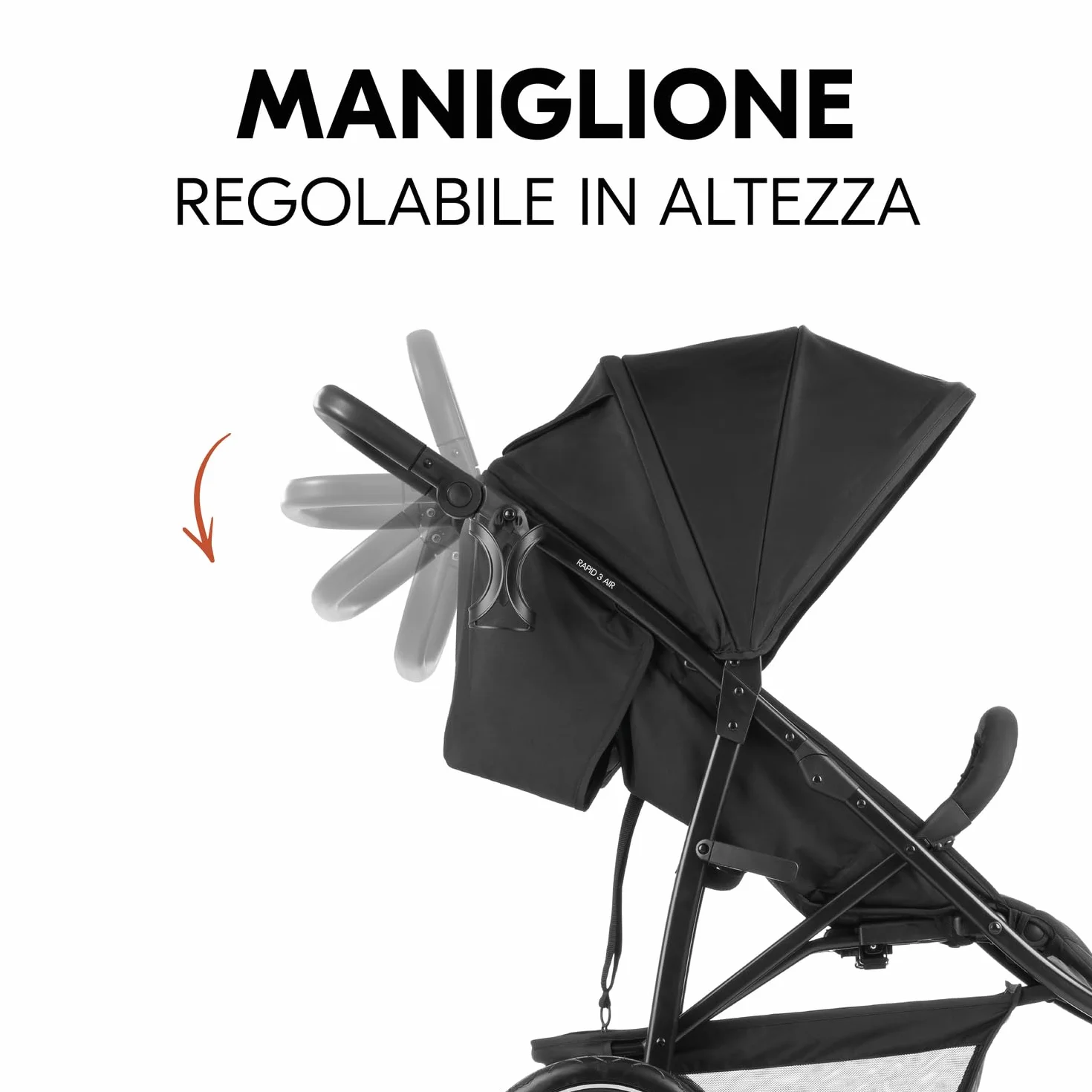 Hauck Rapid 3 Air Nero Passeggino 3 Ruote Gonfiabili Ammortizzate dalla Nascita fino a 22 kg Schienale Reclinabile Maniglione Regolabile Cappotta UPF 50+ Cesto Portoggetti Pieghevole
