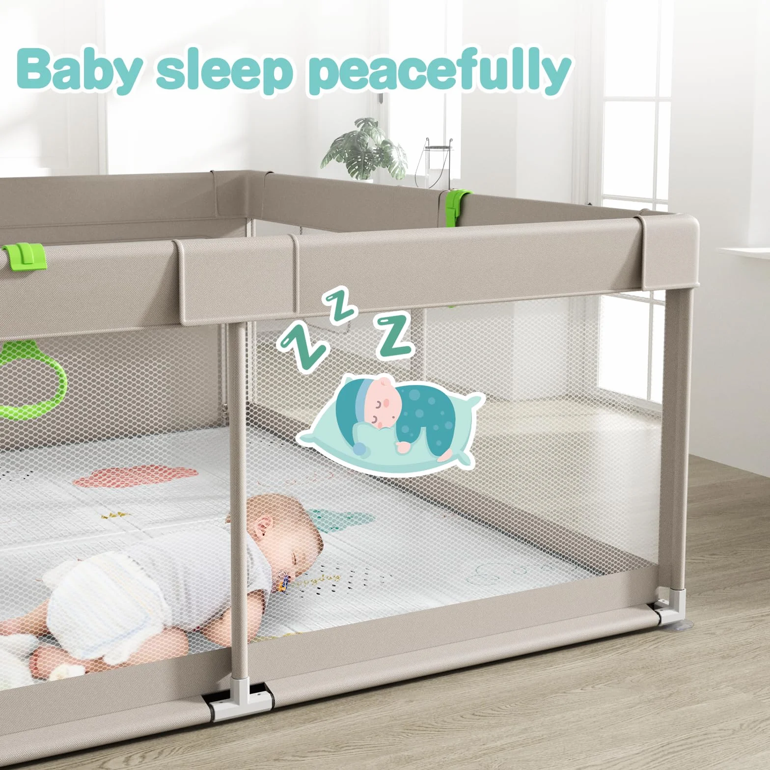 Uanlauo 150 x 150 cm, box con tappetino da gioco, XXL per bambini, per interni ed esterni, area attività per bambini, con porta con cerniera e 4 anelli