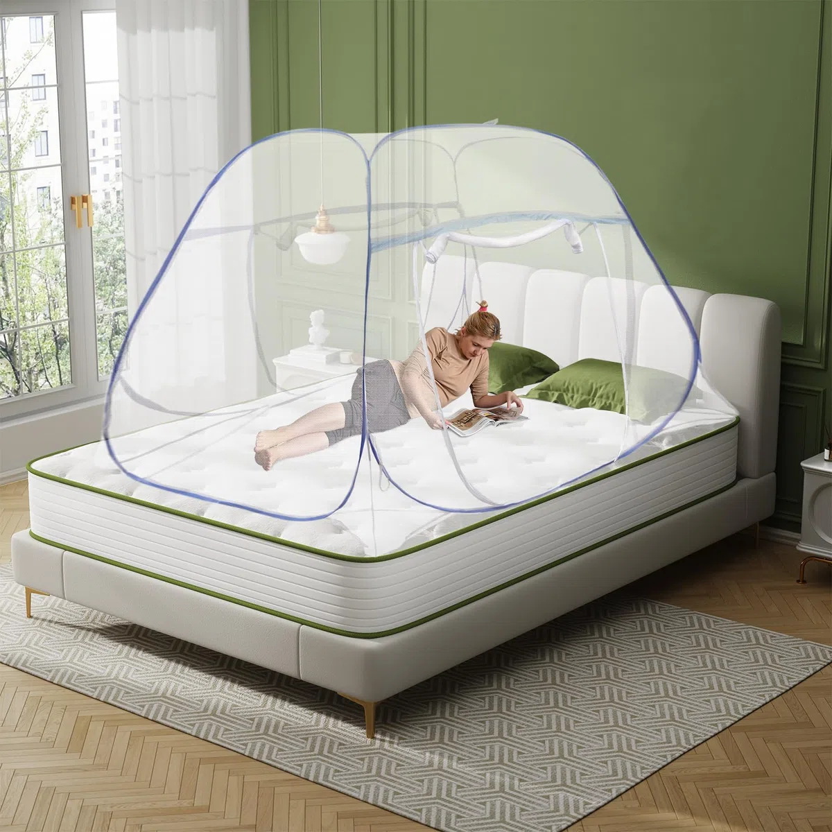 Zanzariera per letto pop-up a doppia porta, portatile, con bordo a doppia porta, tenda da campeggio, 198 x 180 x 160 cm, blu, per attività all'aperto, campeggio, viaggi, camera da letto