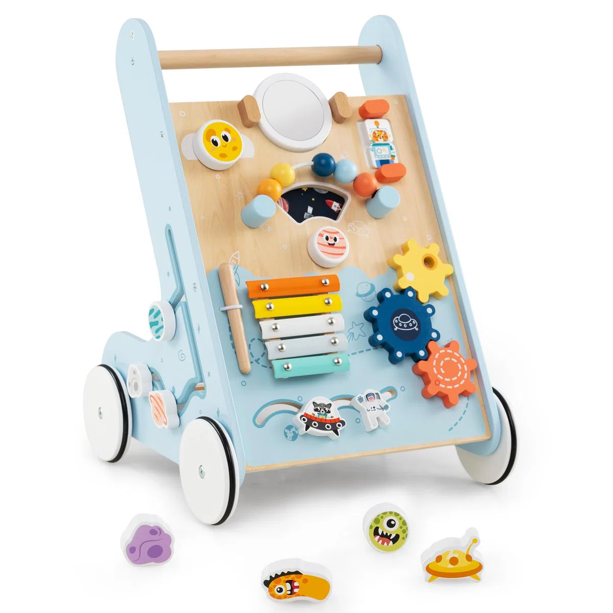COSTWAY Carrellino Primi Passi 8 in 1, Girello in Legno per Bambini, Giocattolo Montessori, Centro Attività di Apprendimento a Spinta, Giocattolo a Spinta per Bambini di 1+ Anni (Blu)
