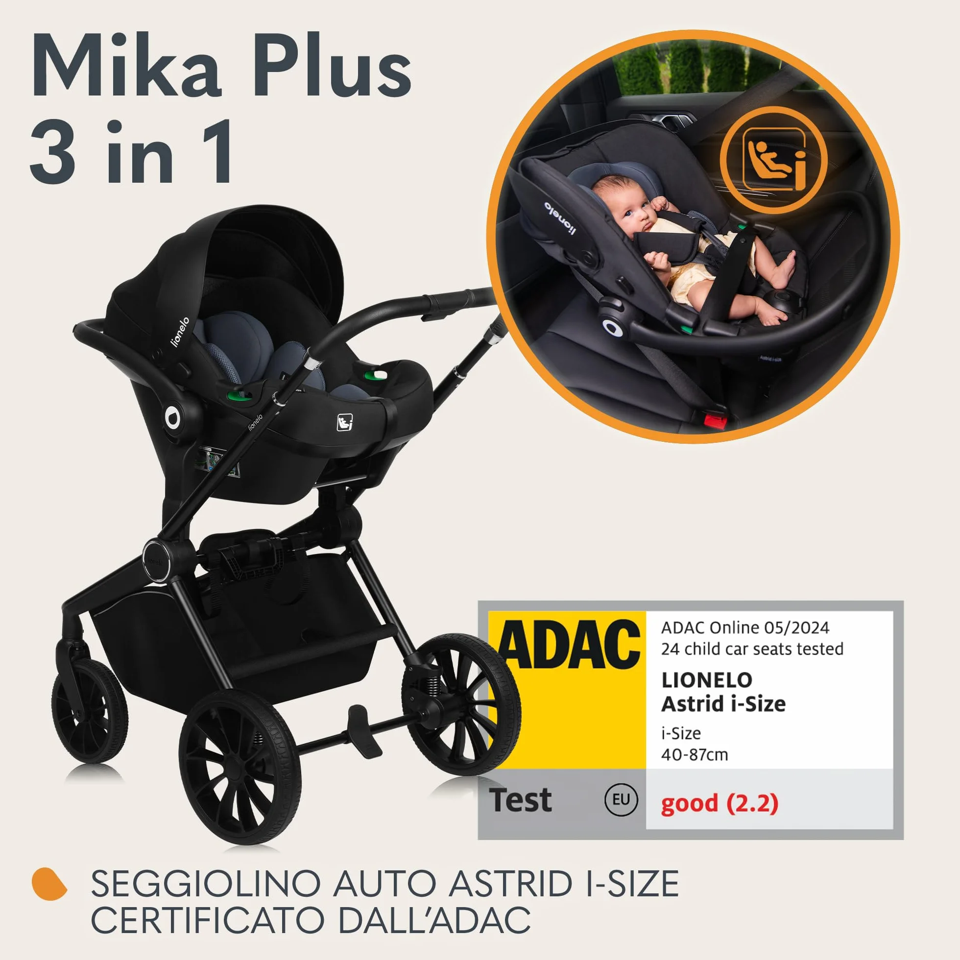 LIONELO MIKA PLUS 3in1 Passeggino Trio Neonati 0-48 Mesi 22kg Navicella 9kg Seggiolino Auto Ovetto 13kg