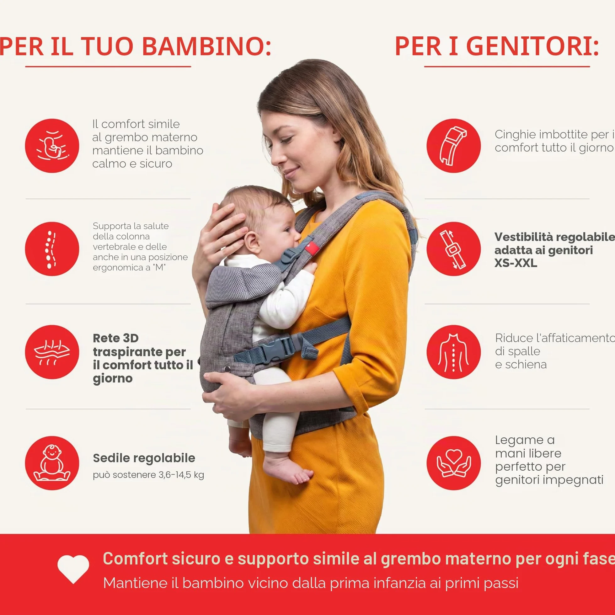 YOU+ME Marsupio neonato 0-36 Mesi (3,2–15 kg) - Marsupio bambino, Tutte le posizioni, ergonomico, regolabile e traspirante con pannelli in rete 3D e bavaglino 2-in-1 (Grigio)