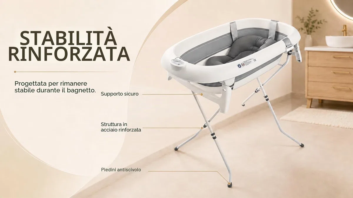 Vasca da bagno pieghevole con supporto in acciaio – Vasca da bagno per neonati con termometro e tubo di scarico – Cuscino ergonomico neonato – guadagno di spazio piccolo bagno – 0-3 anni