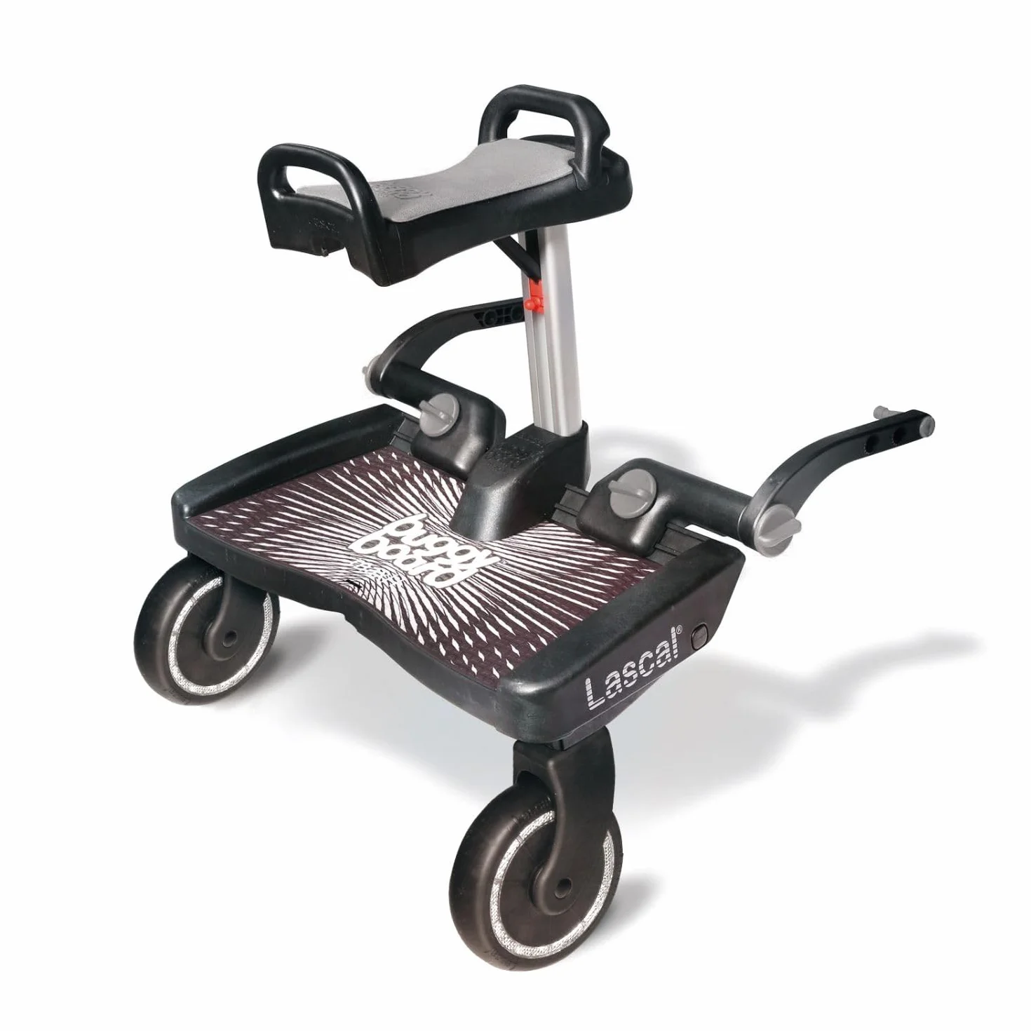 Lascal BuggyBoard Maxi+, Pedana passeggino universale compatibile con quasi tutti i modelli, Pedana buggy board con sellino per bambini di 2-6 anni (22 kg), nero/grigio