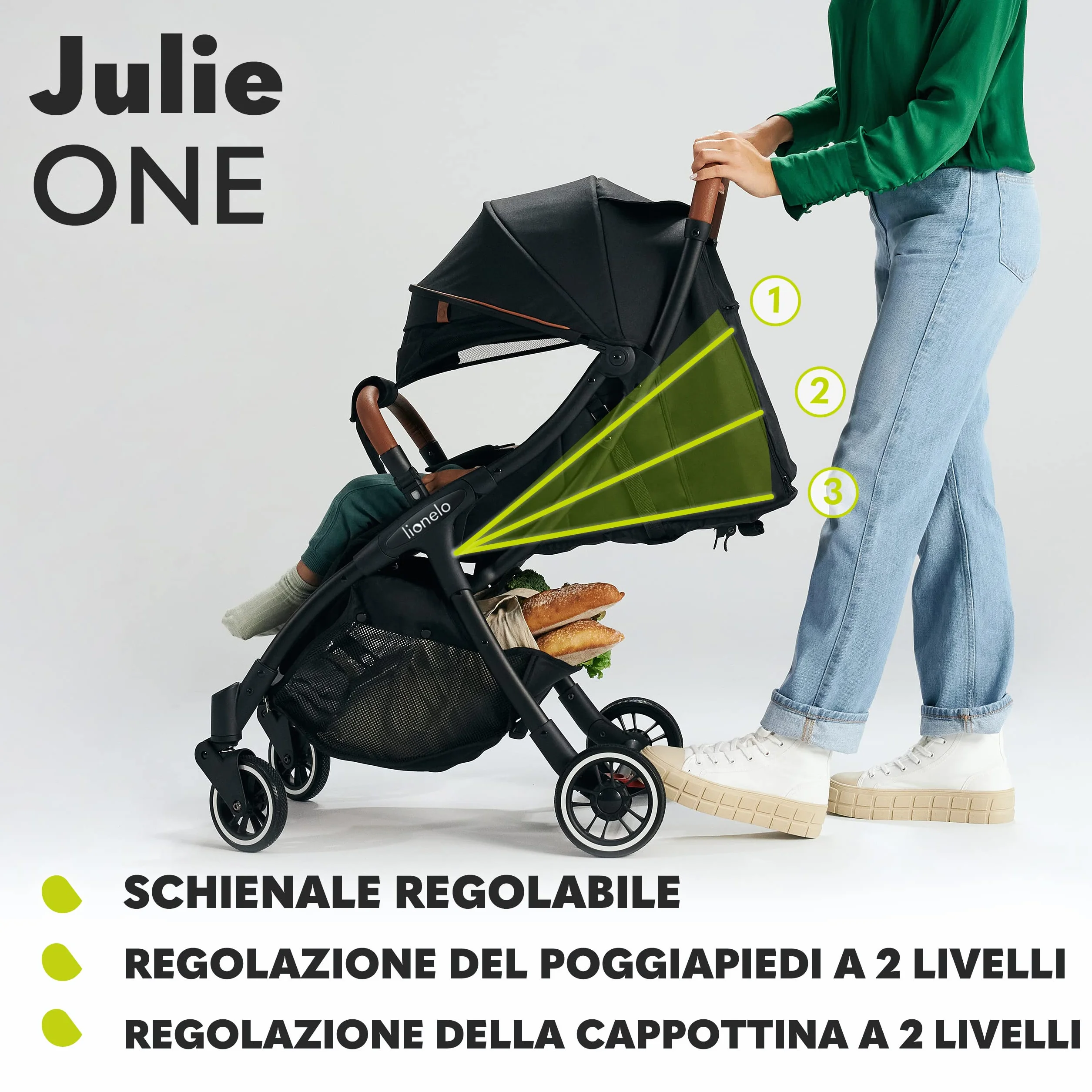 LIONELO Julie One Passeggino leggero pieghevole 0-22 kg Compatto zanzariera coprigambe portabibite borsa Poggiapiedi regolabili schienale sdraiata Nero