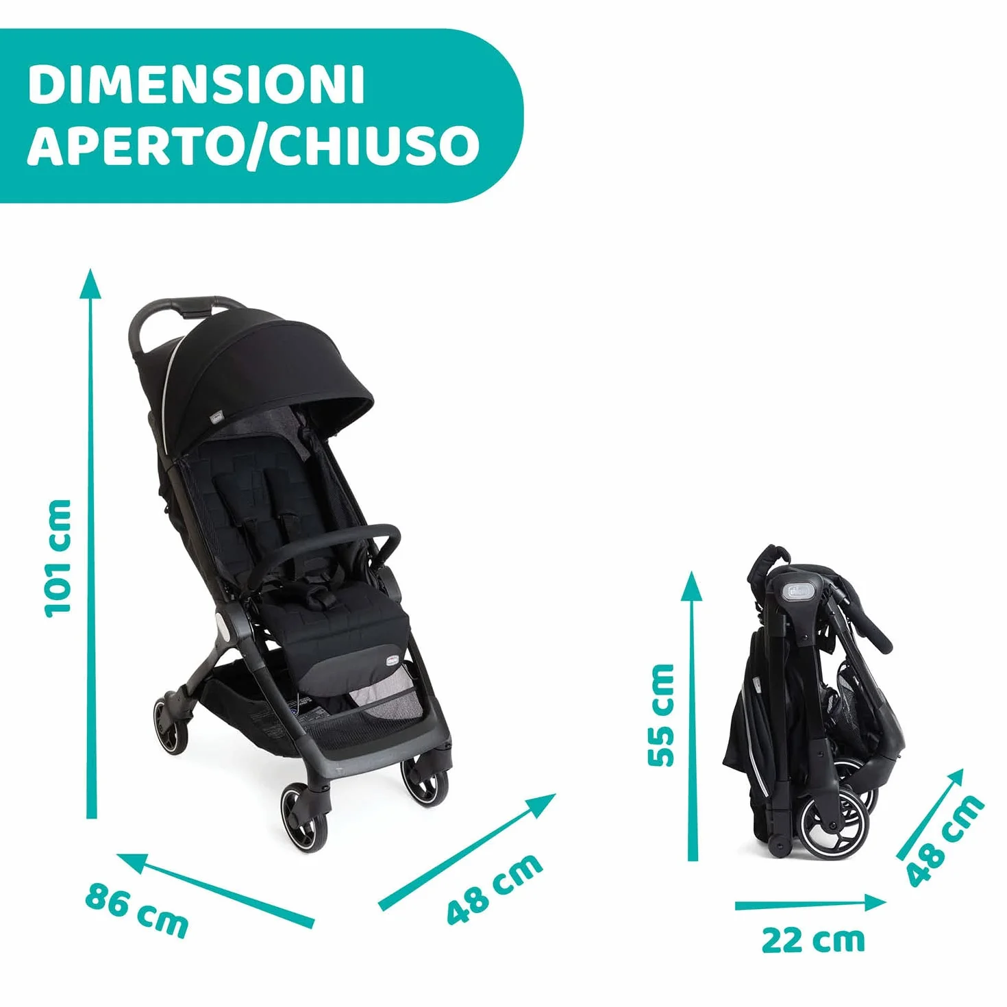Chicco We Passeggino Leggero e Compatto 0-22 kg Reclinabile Chiusura Una Mano Capotte Parasole Parapioggia Nero