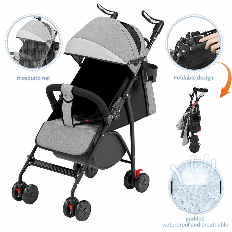 OHMG Passeggino Canne, Passeggino compatto 0-4 anni, leggero e maneggevole, pieghevole con una mano, schienale reclinabile, imbracatura a 5 punti, passeggino leggero con baldacchino e zanzariera