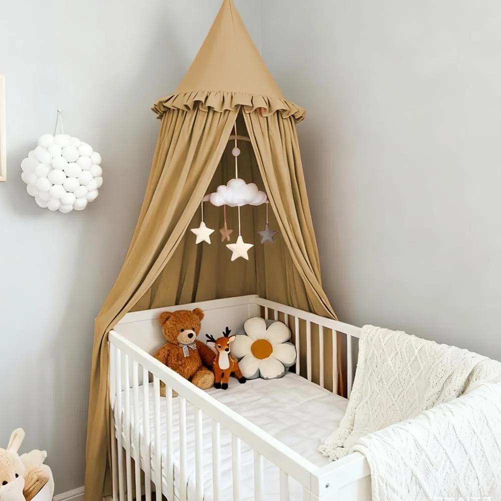 HOTUT Baldacchino per Letto Bambini con Volant,Tenda Sospesa per Culla,Tenda Zanzariera Cupola Rotonda Baldacchino per Decorazione Lettino Culla Bambini Cameretta Camera da Letto Lettura(Torrone)