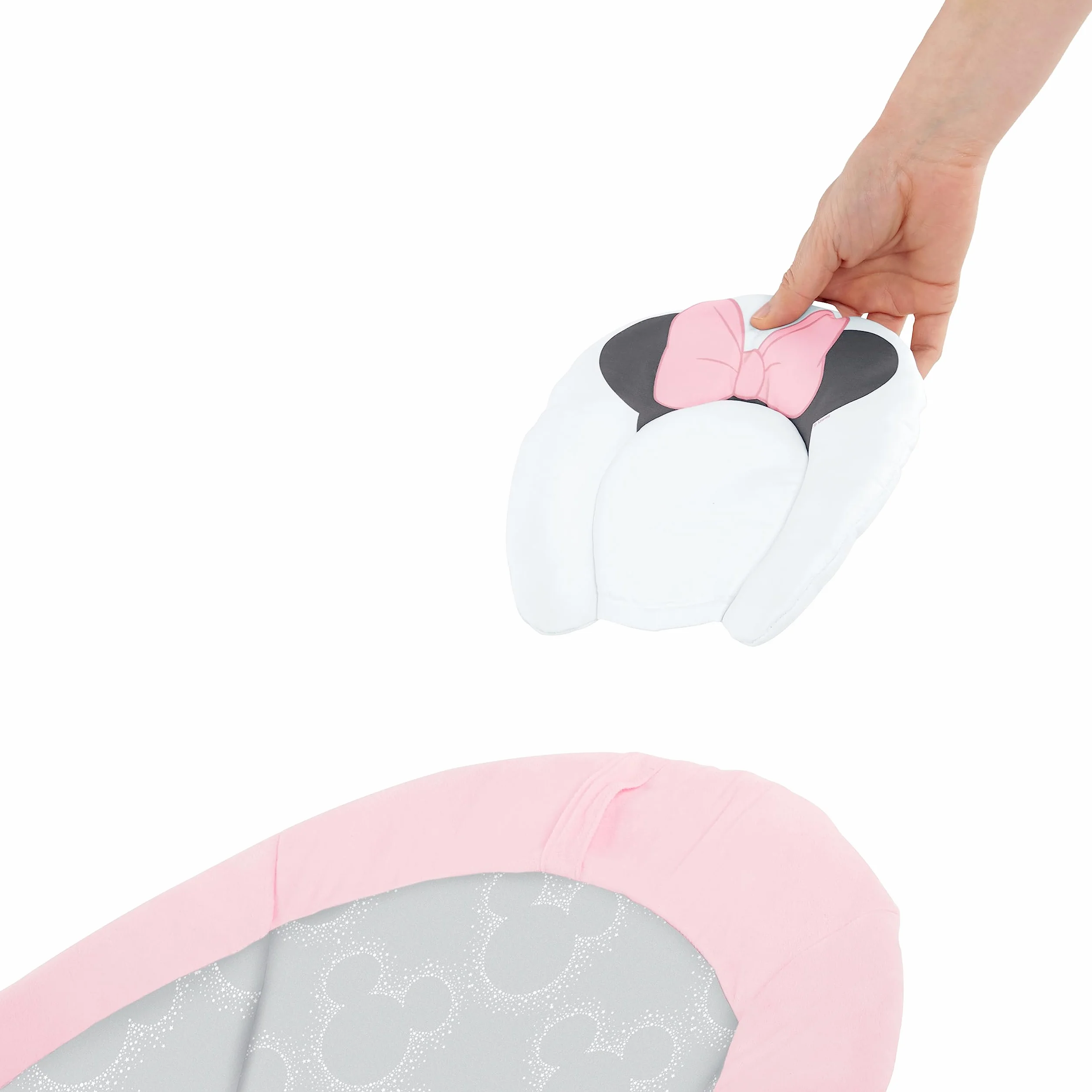 Bright Starts, Minnie Mouse Seggiolino Comodo Vibrante per Neonati - Musica, Barra Giocattoli Rimovibile, 0-6 Mesi Fino a 9 kg (Rosy Skies)