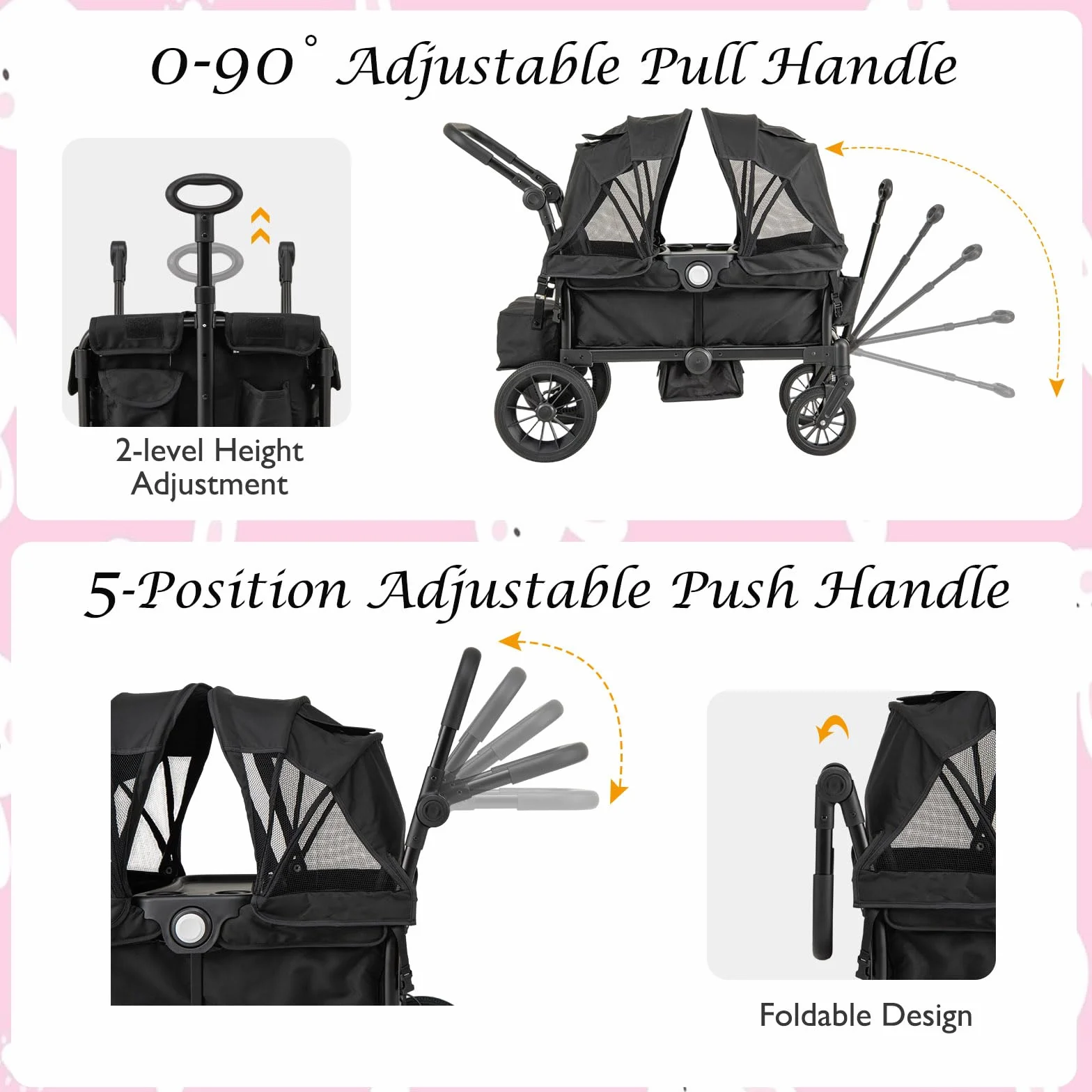 LIFEZEAL Carrello Porta 2 Bambini 6+ Mesi Pieghevole Regolabile con Tettuccio Max 50kg Nero