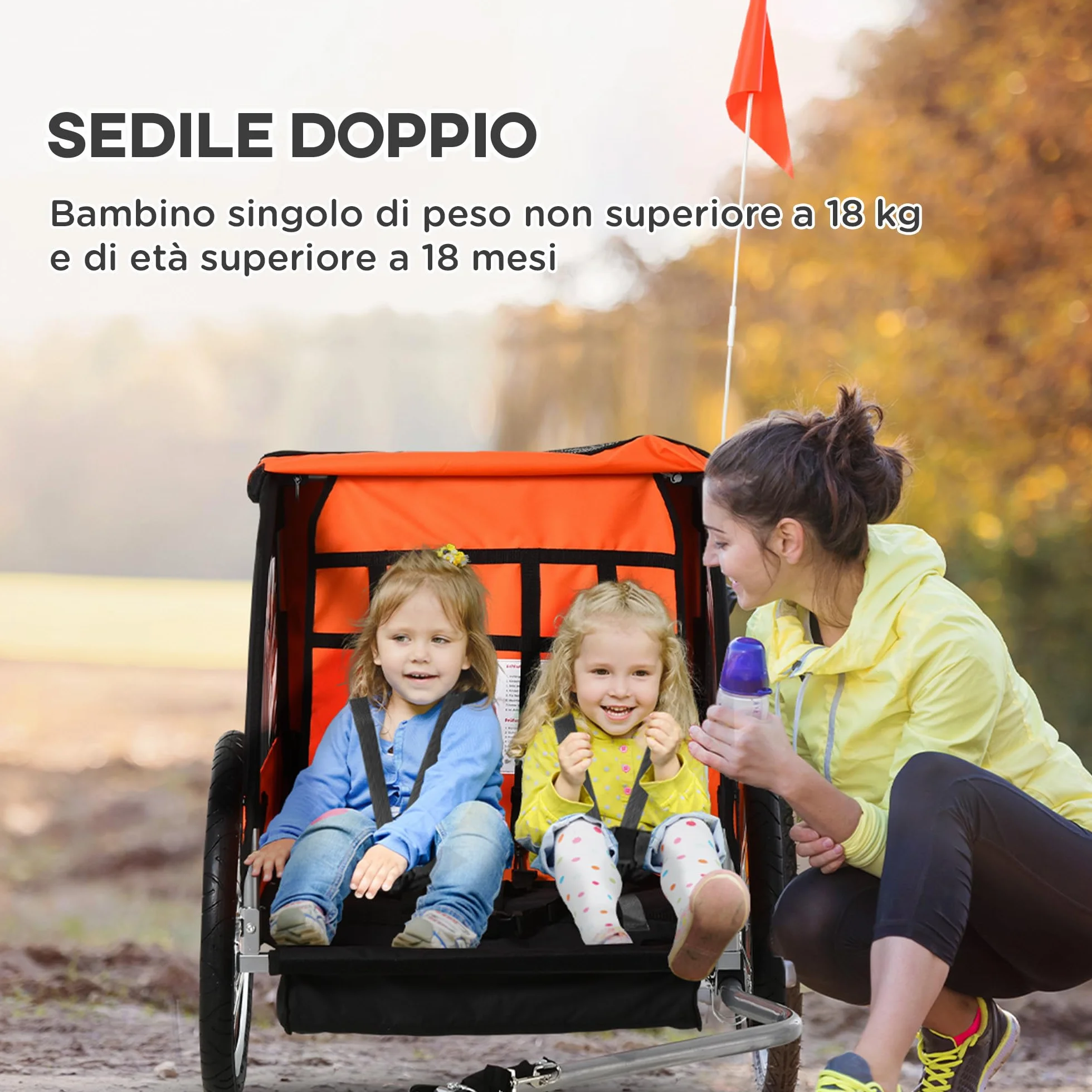 Homcom Rimorchio Bici Bambini 2 Posti con Cinture di Sicurezza Telaio Acciaio Copertura Tessuto Oxford