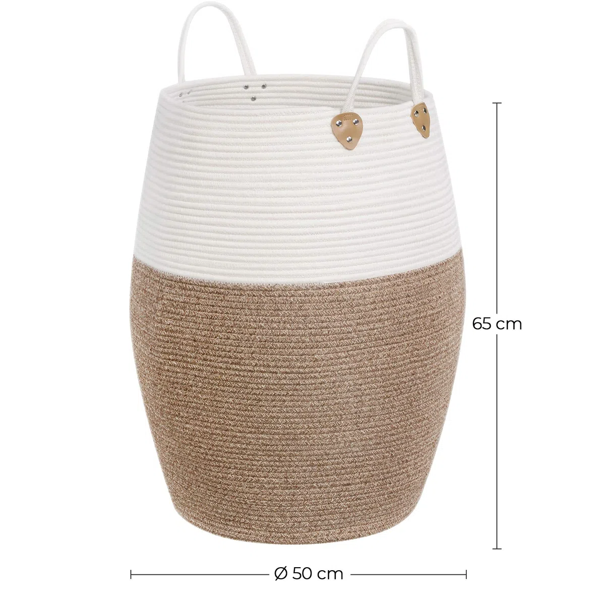 SONGMICS Cesto in Corda di Cotone, Cestello Portaoggetti con Maniglie, Portabiancheria da 125L, per Abiti Giochi Coperte, Salotto Camera da Letto, 50 x 65 cm (Diam. x A), Marrone e Beige LCB421N01