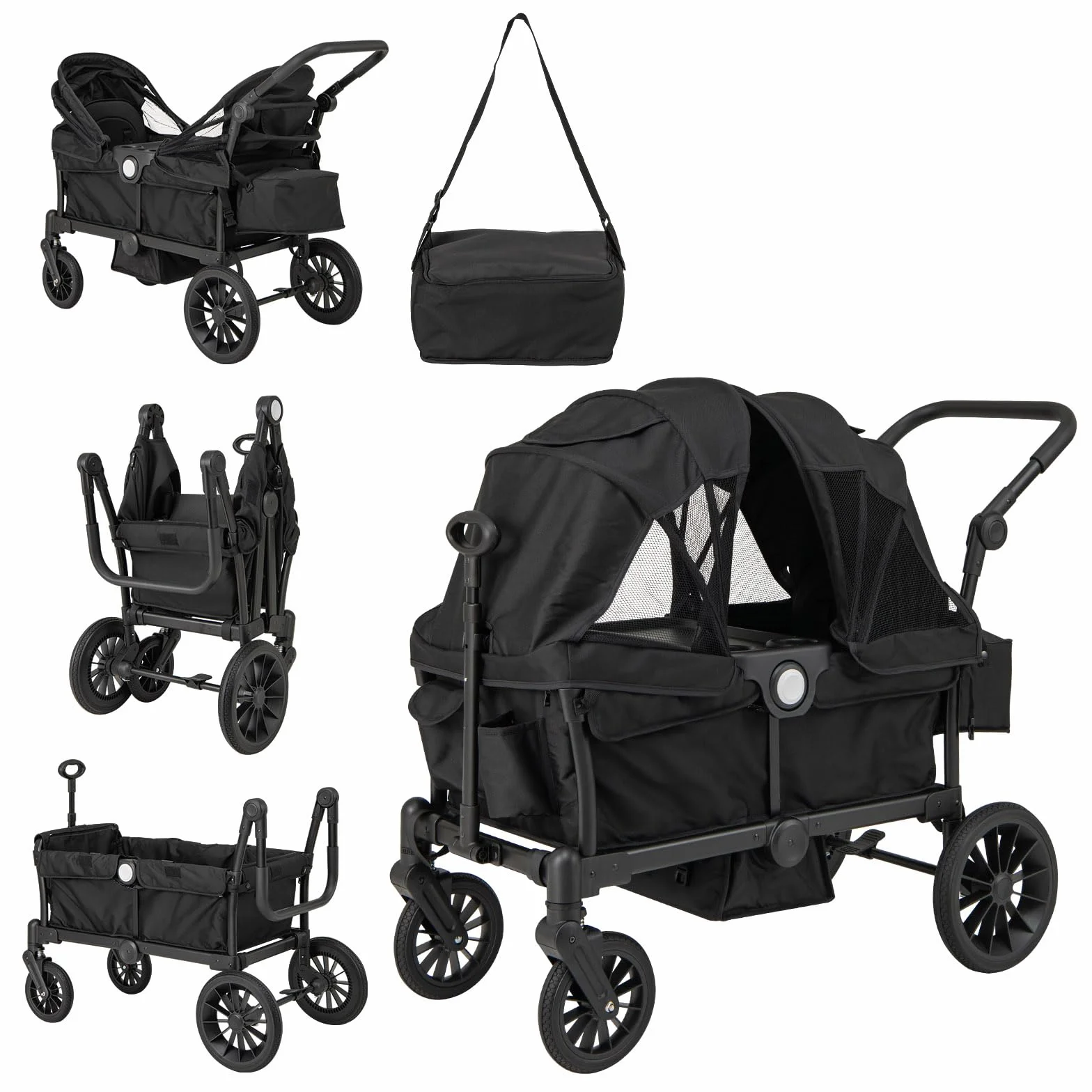 LIFEZEAL Carrello Porta 2 Bambini 6+ Mesi Pieghevole Regolabile con Tettuccio Max 50kg Nero