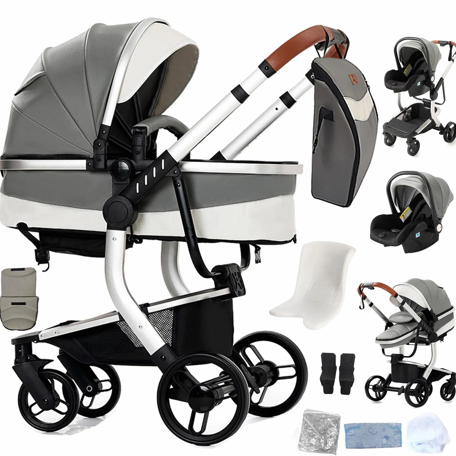 Passeggino 3 in 1 con culla telaio magnesio rinforzato imbracatura 5 punti carrozzina reversibile grigio