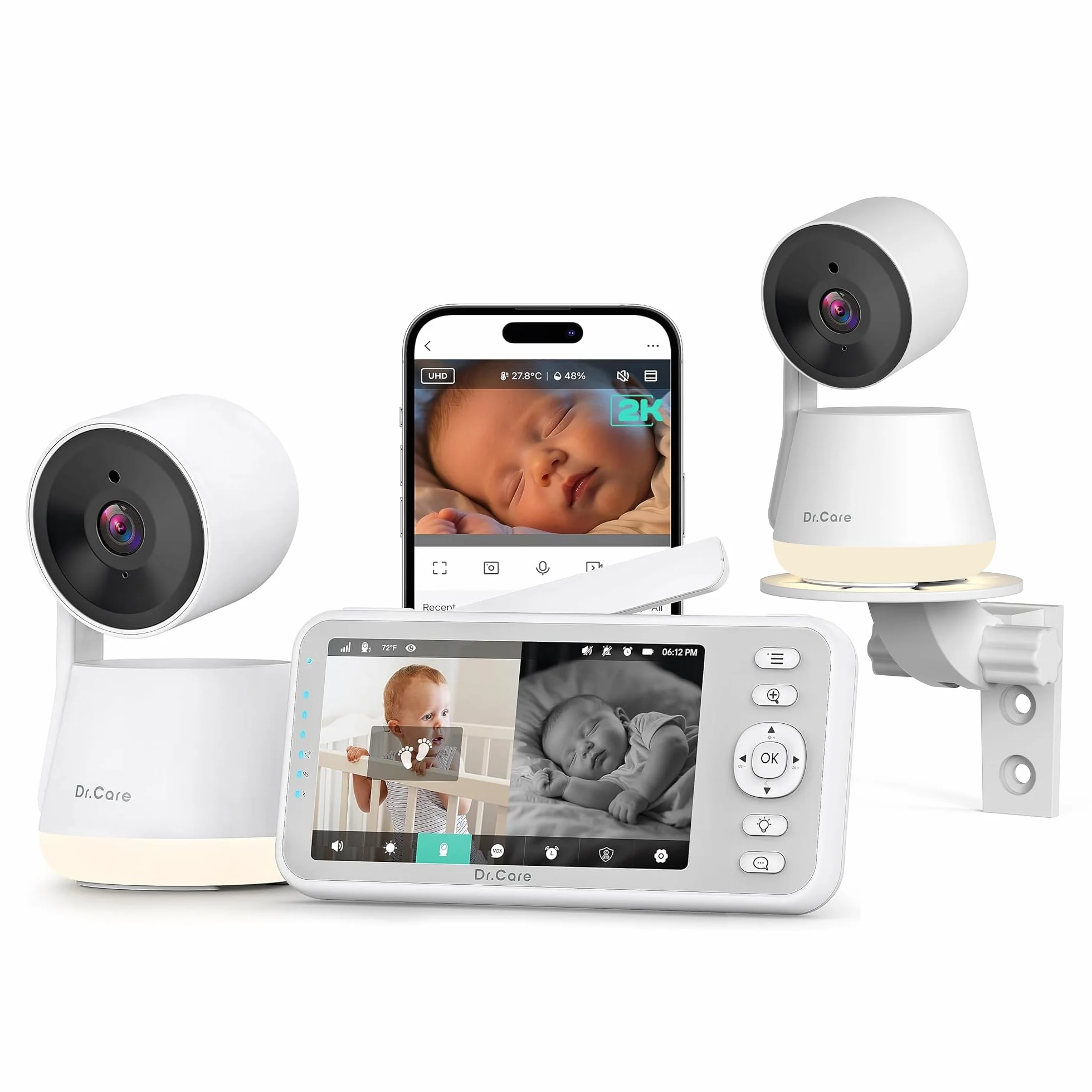 Dr.Care LumiView Baby Monitor WiFi SBM003-1080P FHD & 2K, Controllo App, Modalità Privacy, Batteria 5000mAh, Allarmi Pianto e Movimento, Luce Notturna RGB (5" monitor + 2 camere)