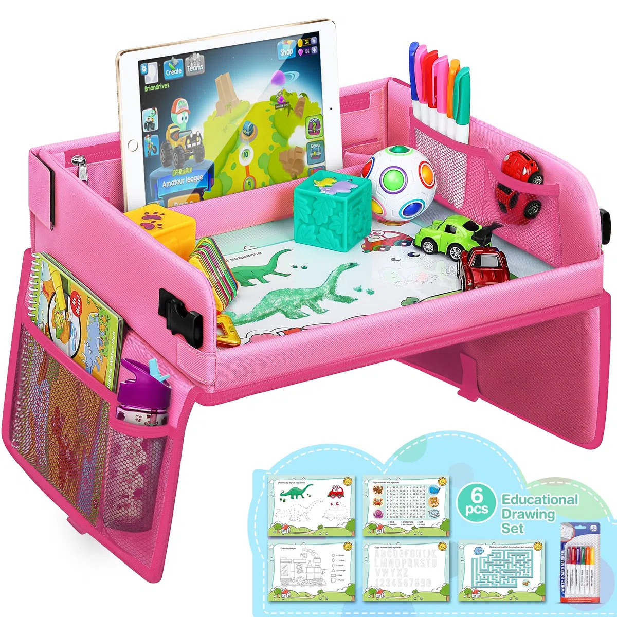lenbest Vassoio da viaggio, Apprendimento al coperto Gioco educativo Gioco da tavolo con piano cancellabile a secco - 6 penne e 5 carte da disegno - Vassoio multifunzione per ragazze maschi (Rosa)