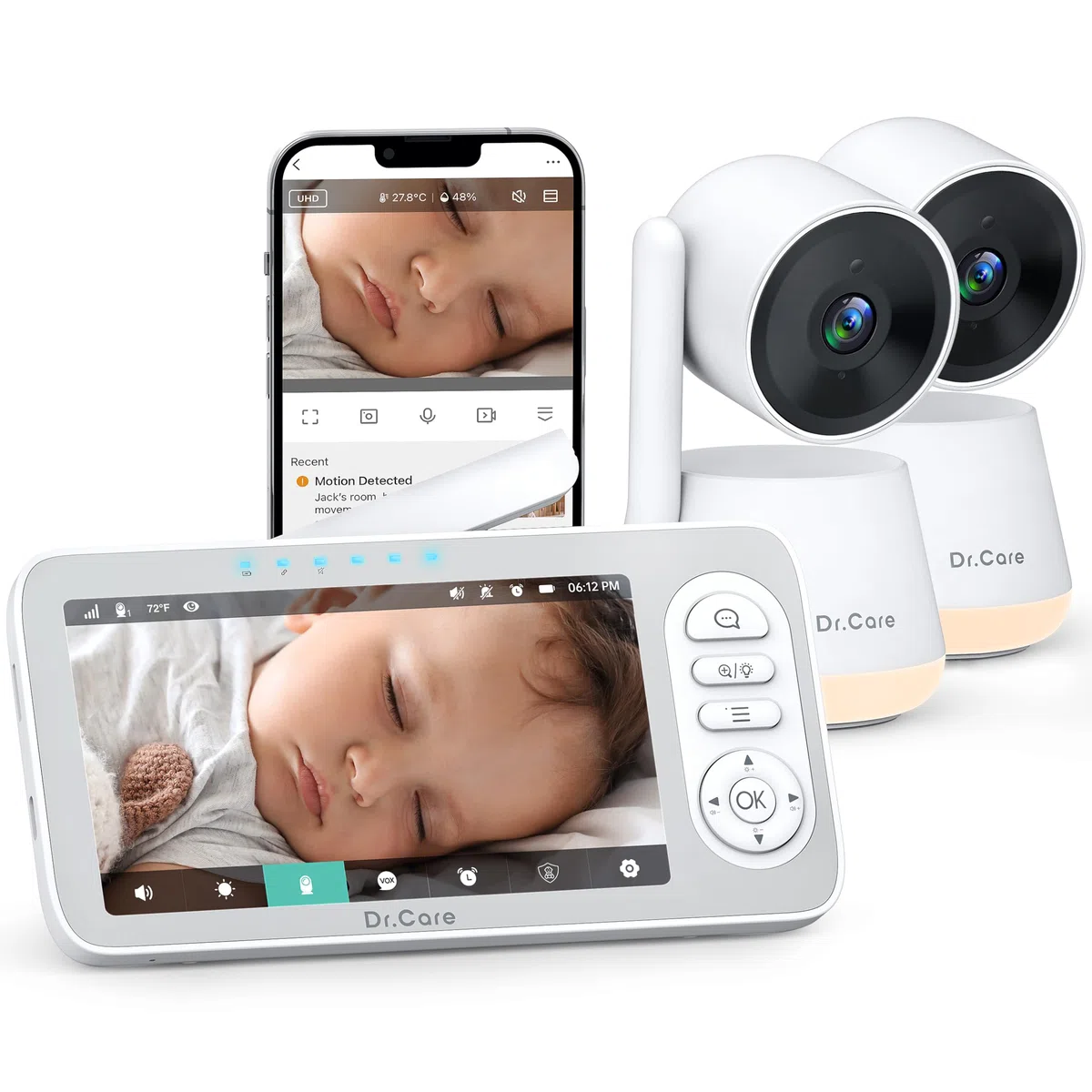 Dr.Care LumiView Plus Baby Monitor WiFi con 2 Telecamere – Schermo 5.5", Telecamera 2K, Modalità Privacy, Batteria Rimovibile 5000mAh, Luce RGB, Allarmi Pianto e Movimento, Visione Notturna HD