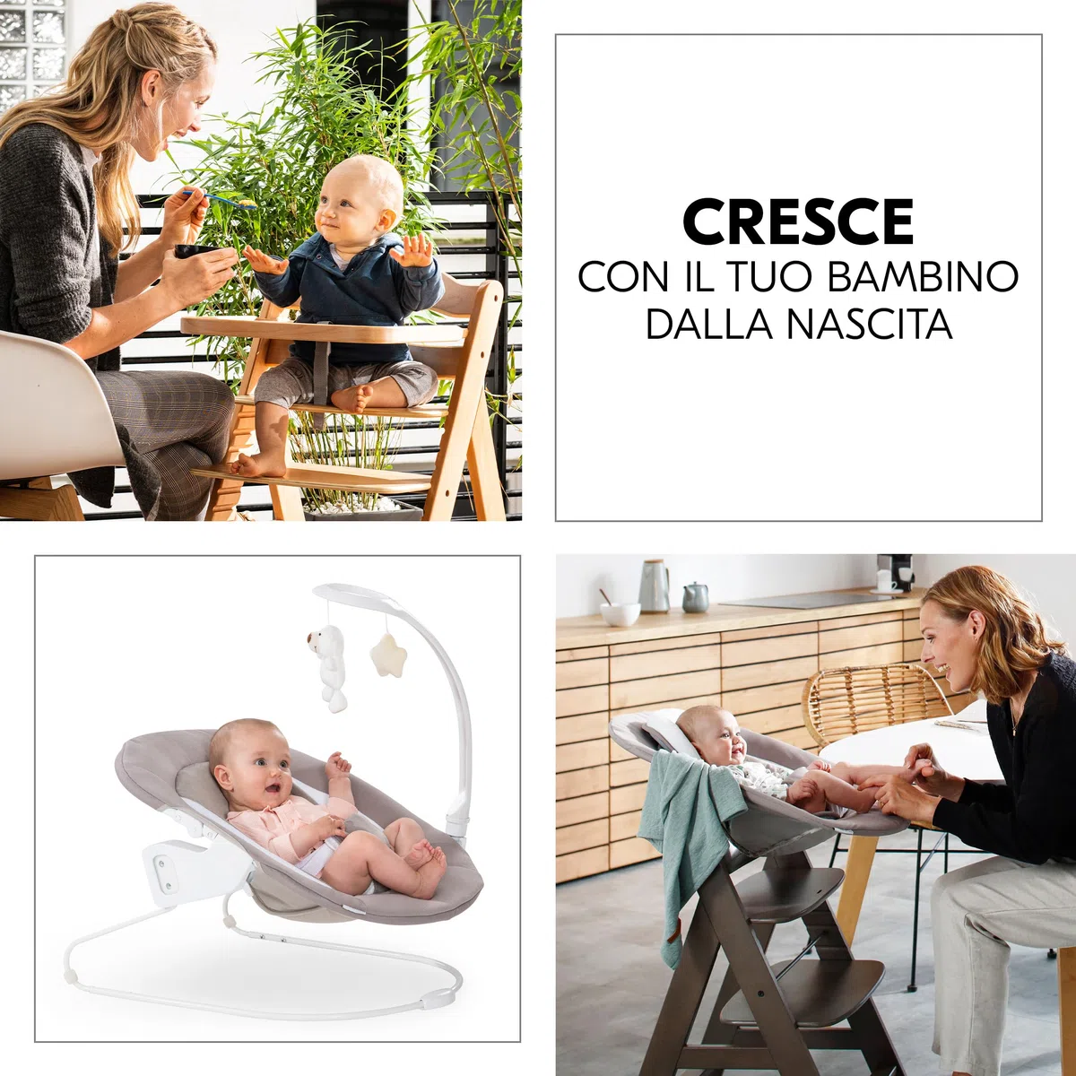 hauck Alpha Move Set Deluxe - Seggiolone in Legno Evolutivo Da 0 Mesi - Sedia Bambini Regolabile con Sdraietta Neonato Reclinabile, Cuscino e Vassoio - Naturale, Grigio