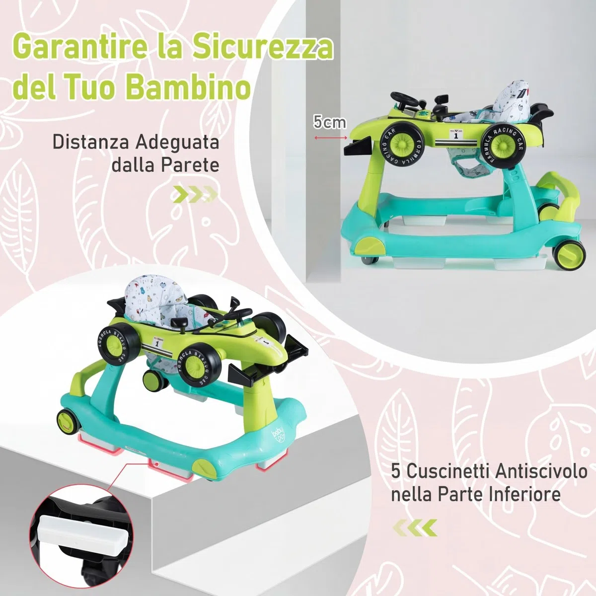 COSTWAY Girello per Bambini 4 in 1, Girello Pieghevole con Altezza e Velocità Regolabili, Carillon con Luci, Volante, Primi Passi per Bambini 6-18 Mesi, Portata 12 kg (Verde)