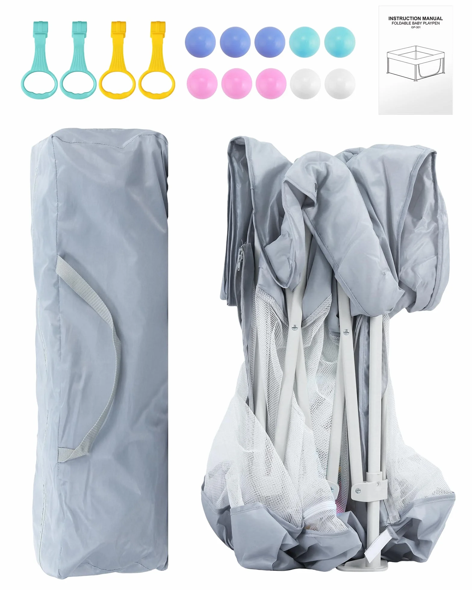 eSynic Playpen Bambini 120x120 cm Pieghevole con Pallini e Maniglie, Recinto Neonati Modulare, Porta Zip, Borsa Viaggio - Grigio
