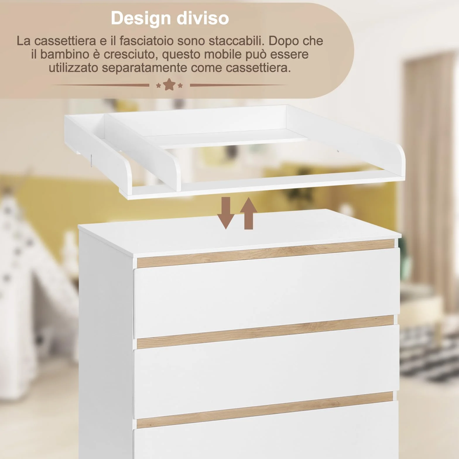 WOLTU Mobile Fasciatoio per Bambini, Cassettiera 4 Cassetti, Bianco+Rovere
