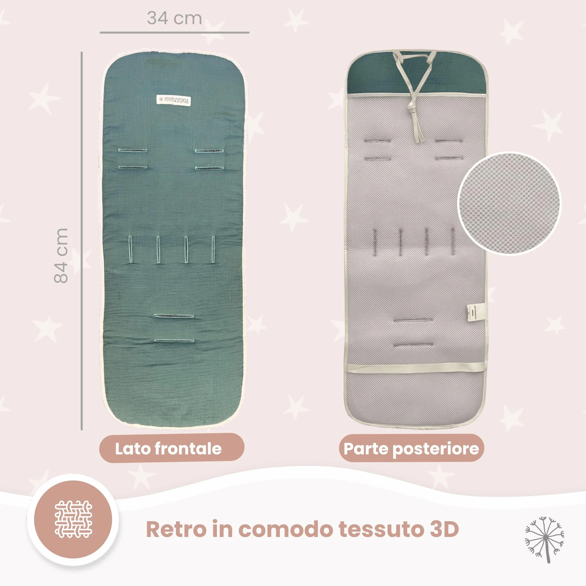MIMUSELINA Materassino Passeggino Universale 100% Cotone OEKO-TEX 34×84 cm Traspirante Lavabile
