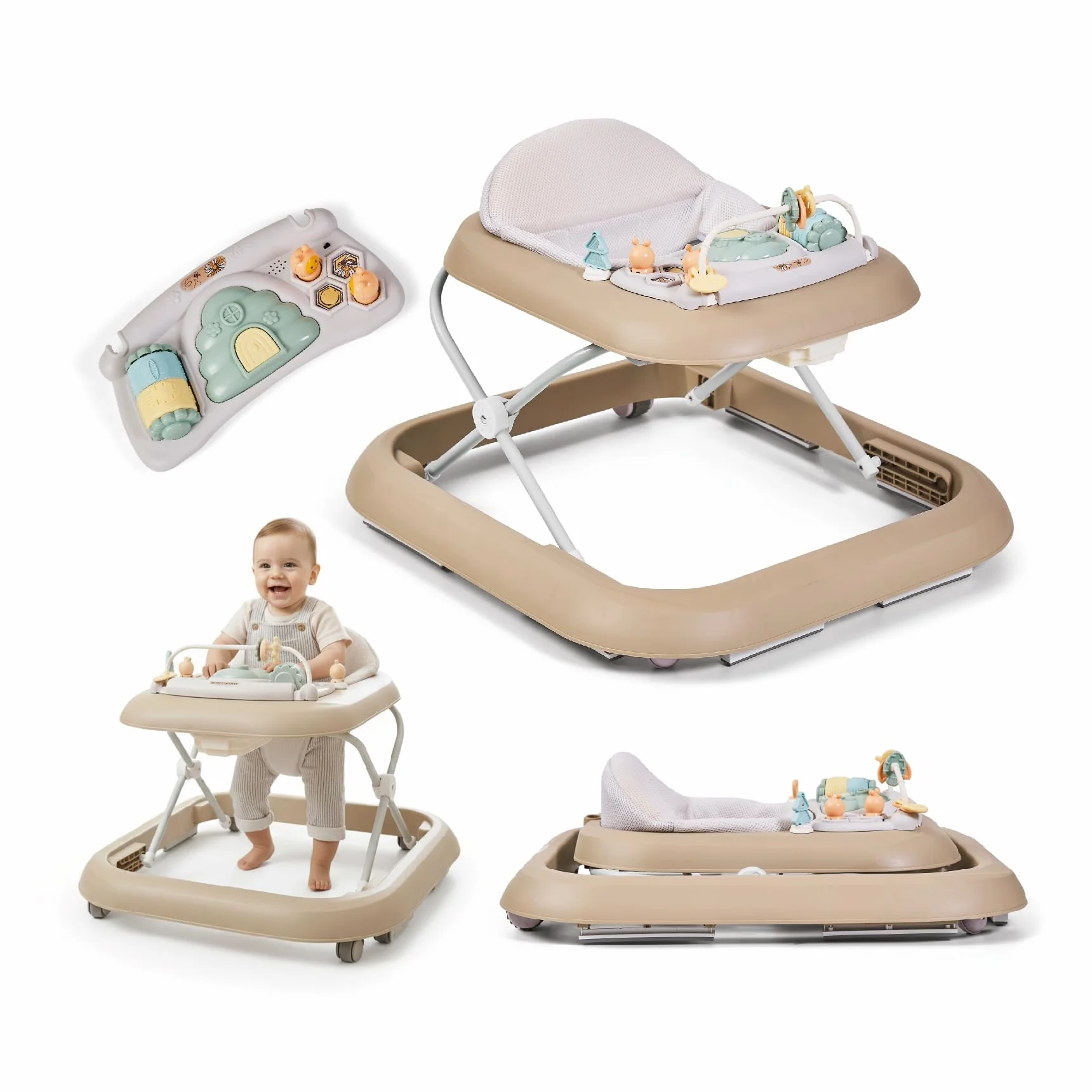 Buddy Baby FUNNY - Deambulatore per bambini + 6 mesi con base antiribaltamento - Include Vassoio con Suoni e Giochi - Pieghevole compatto, altezza regolabile e ruote girevoli a 360° (Sabbia)