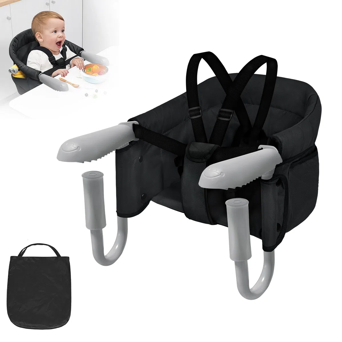 XMTECH Seggiolino da tavolo pieghevole per bambini, seggiolone, per il fissaggio al tavolo, struttura stabile, sedia da tavolo imbottita con tasca, colore nero