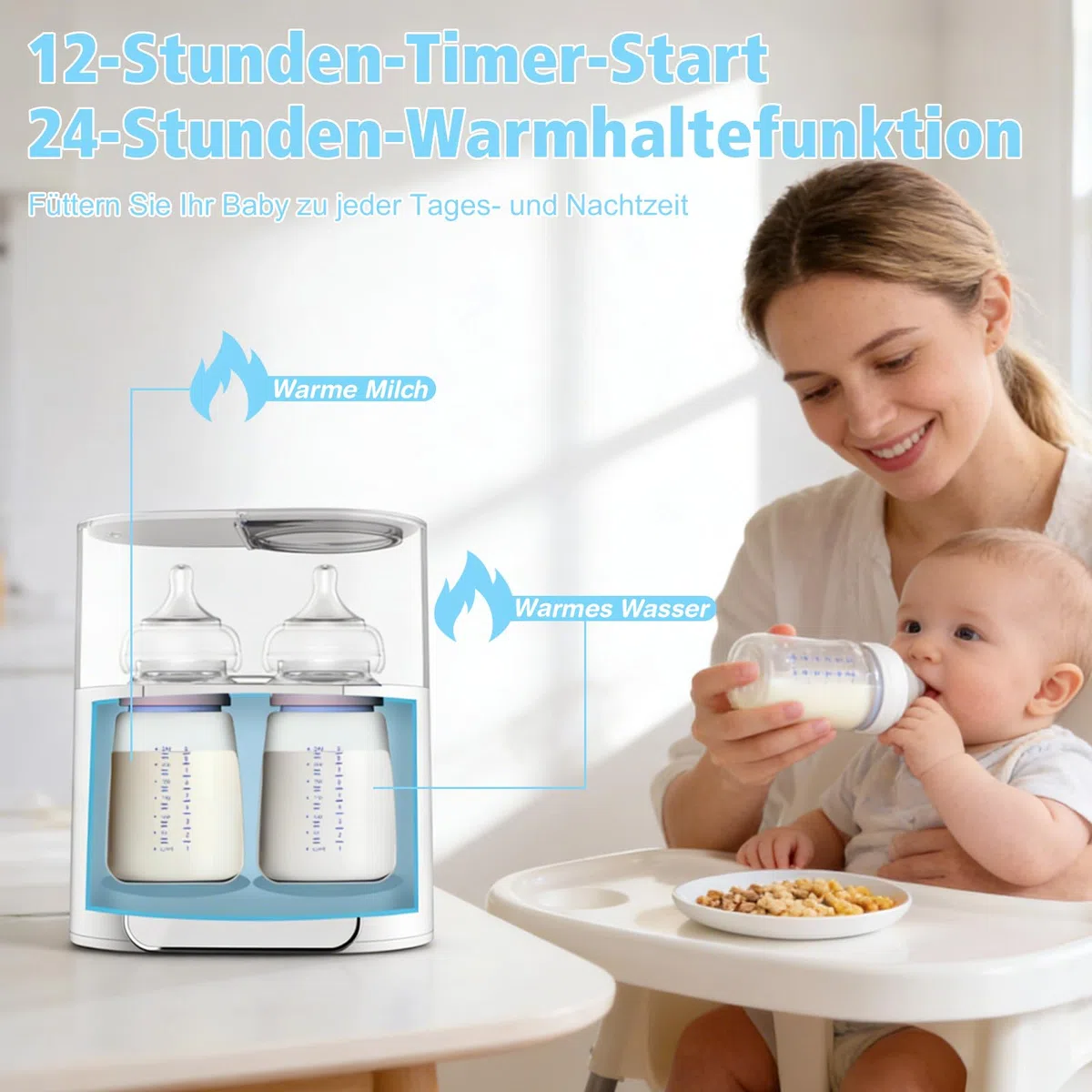 NCONCO Scaldabiberon portatile,Rapido 9-in-1 2 biberon con Sterilizzatore e Timer Scongelamento scaldapappe Controllo intelligente della temperatura e display LCD Senza BPA(Biancocrema)