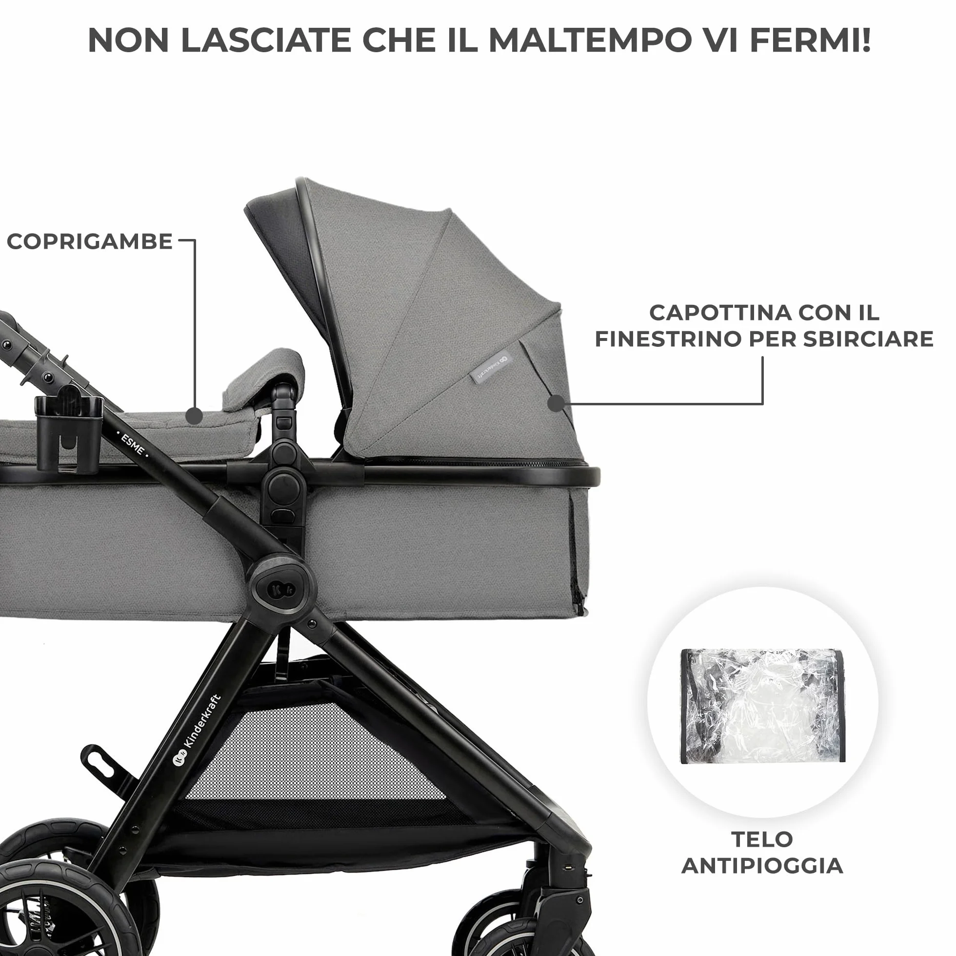 Kinderkraft ESME Trio passeggino 3 in 1 fino 26 kg Ovetto I-SIZE 40-75 cm Carrozzina reversibile pieghevole Grigio