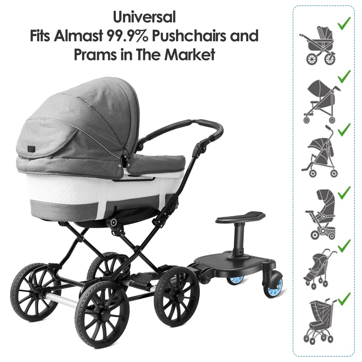 Pedana Passeggino Universale con Sedile, FNRIDS Tavolette Portatili per Passeggini, con cinghia di sospensione,Design Stabile a due Ruote, Accessori per Passeggini per Bambini da 2 a 6 anni (blu)